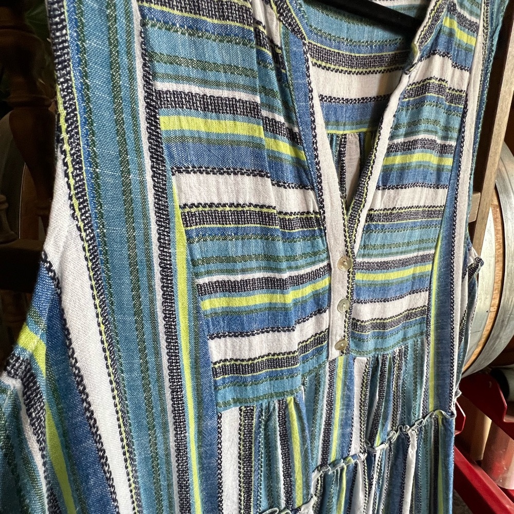 Linen Striped Sleeveless Boho Tunic Dress - Blue, White & Lime